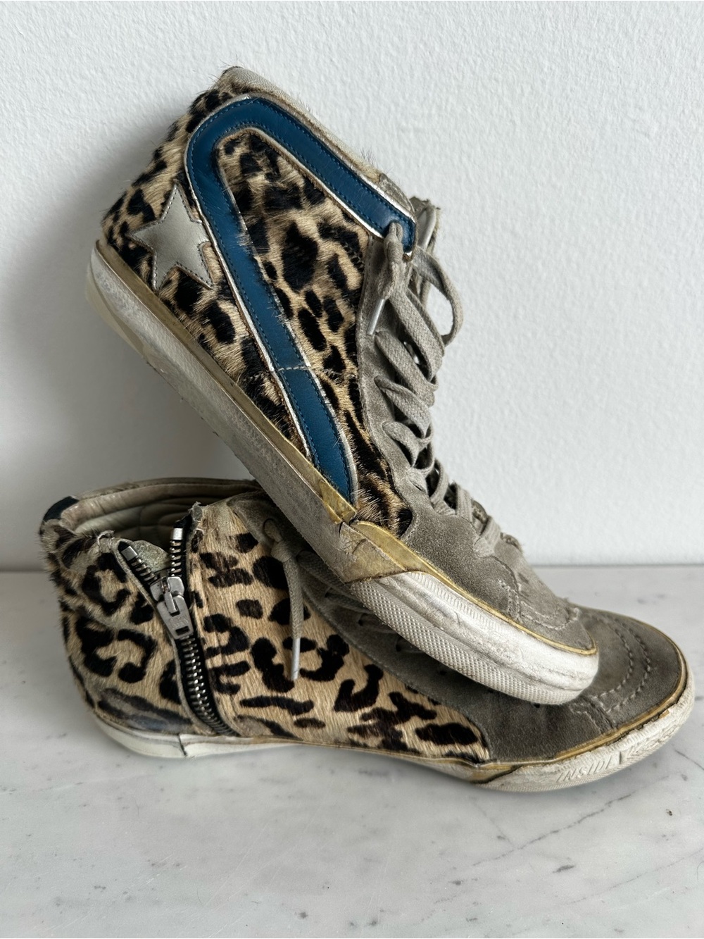 Golden Goose High-Top Sneakers in Leopard Print and Gray